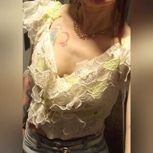 Anthropologie Cream and Neon Green Lace Floral Organza Crop Top